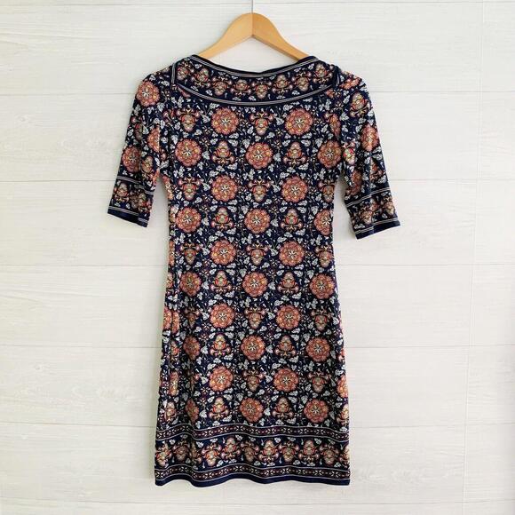 Max Studio - Navy blue floral short sleeve bateau neck stretch sheath dress, XS - Picture 4 of 6